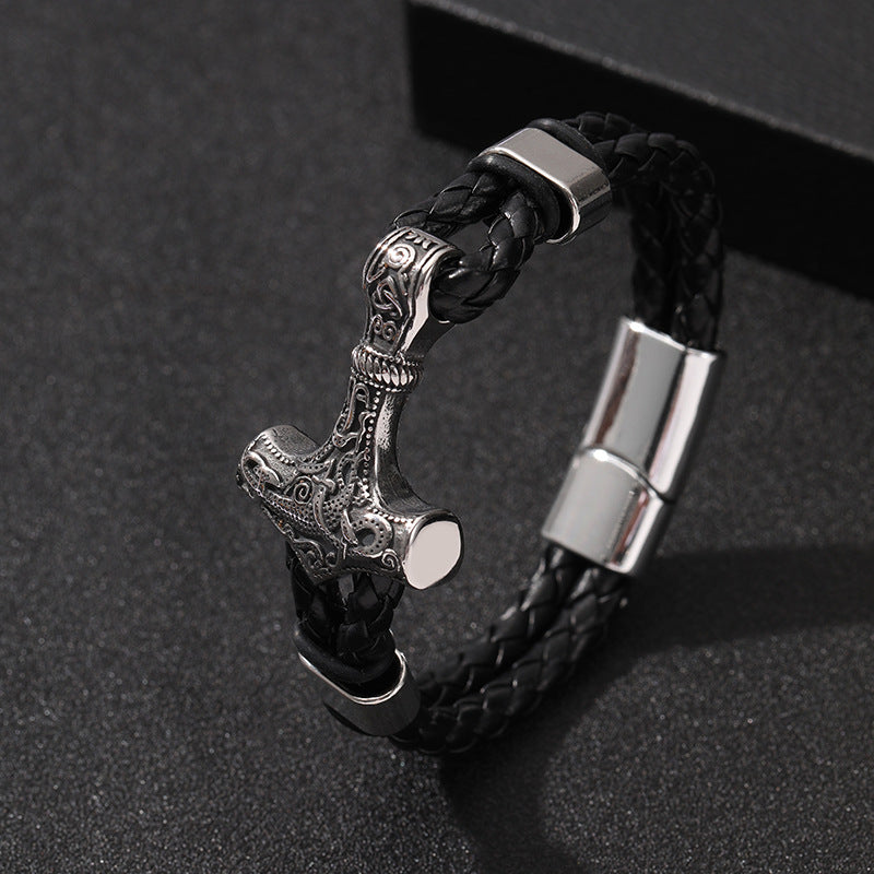 Thor's Hammer Woven Viking Cowhide Rope Bracelet