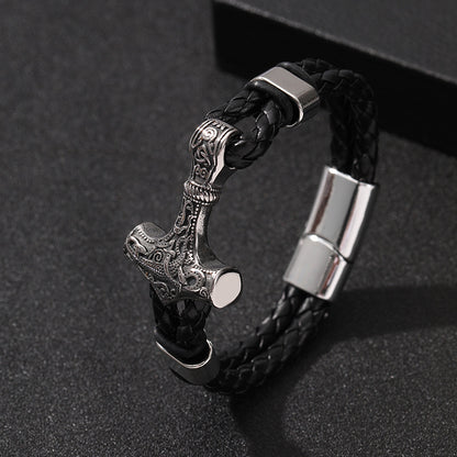 Thor's Hammer Woven Viking Cowhide Rope Bracelet
