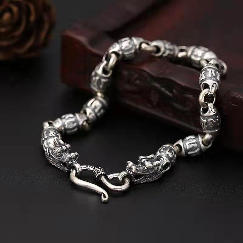 925 Silver Six Character Mantra Dragon Head Bracelet
