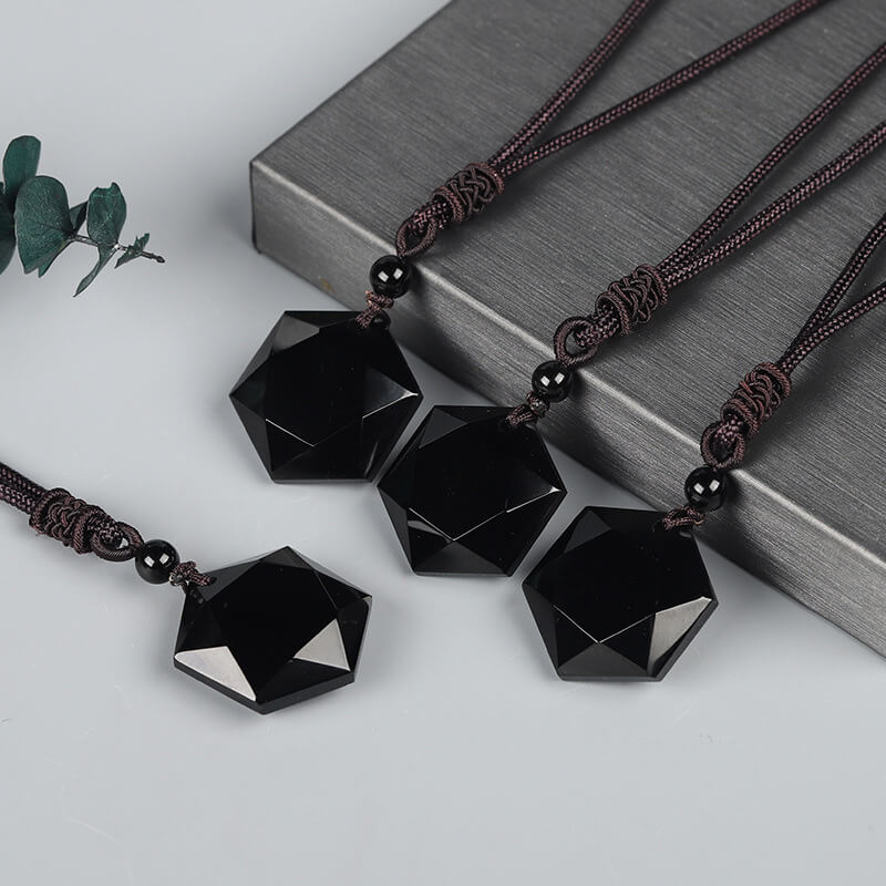 Natural Obsidian Six-Pointed Star Pendant Necklace