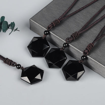 Natural Obsidian Six-Pointed Star Pendant Necklace
