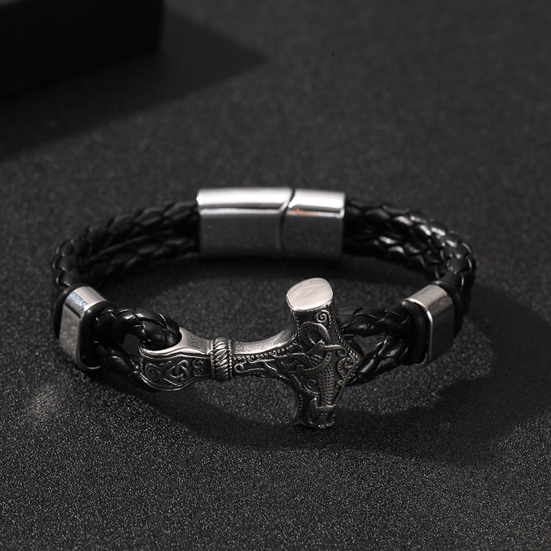 Thor's Hammer Woven Viking Cowhide Rope Bracelet