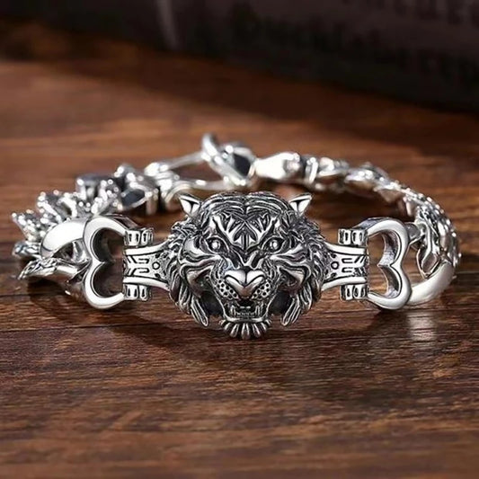 925 Silver Retro Trendy Domineering Tiger Head Bracelet