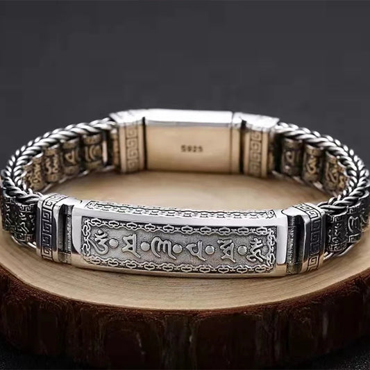 925 Silver Ethnic Style Six-Character Mantra Prayer Wheel Hand-Woven Bracelet