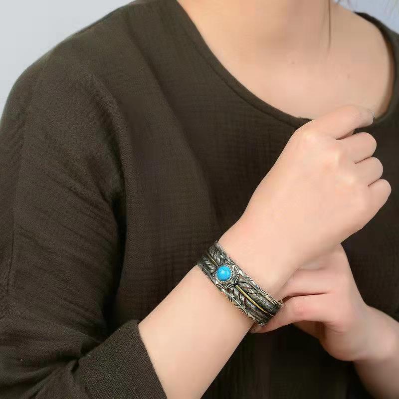 Feather Turquoise Cuff Open Adjustable Bracelet