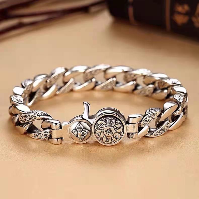 925 Sliver Pure Six Character True Word Rotable Fashion Wide Edition Men's Dominant Personality And Retro Bracelet