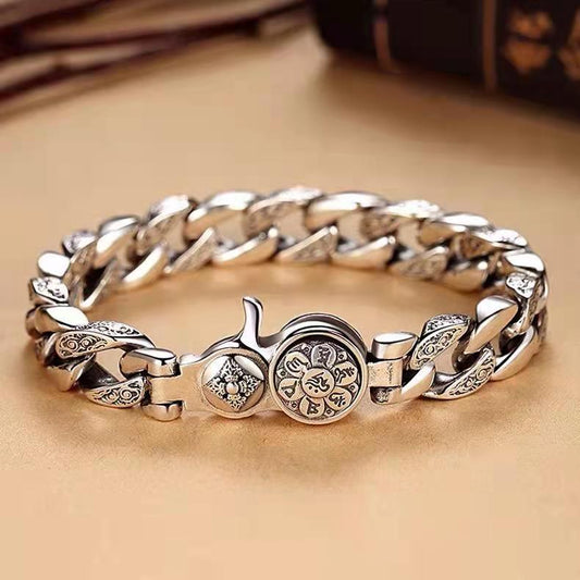 925 Sliver Pure Six Character True Word Rotable Fashion Wide Edition Men's Dominant Personality And Retro Bracelet