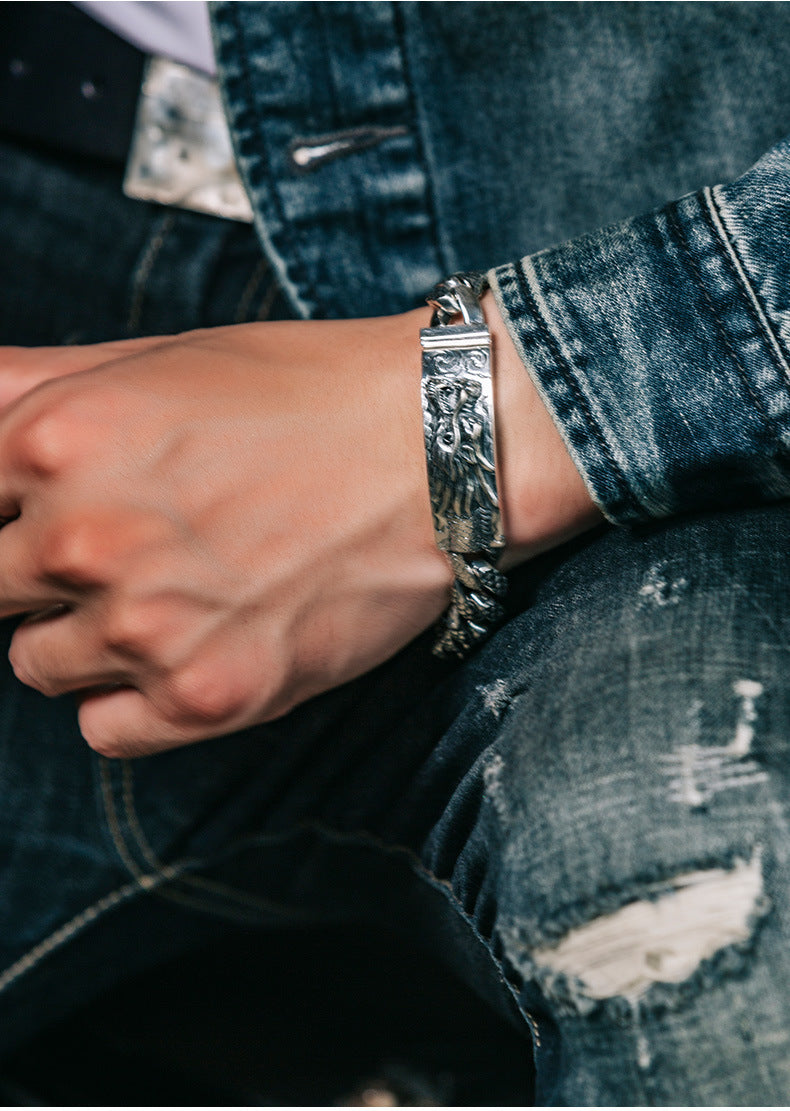 925 Silver European and American double ancient dragon bracelet