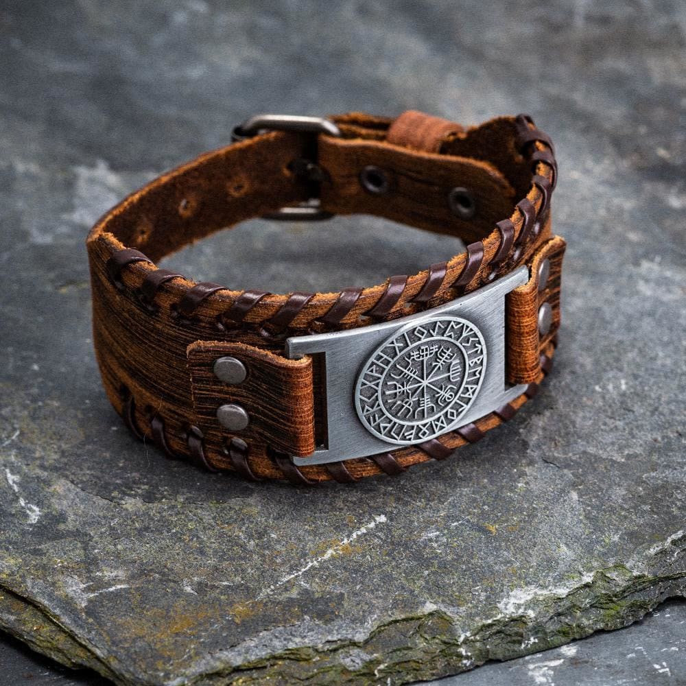 Genuine Leather Buckle Arm Cuff Vegvisir Metal Bracelet
