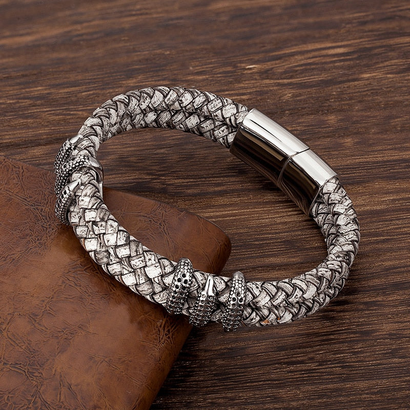 S925 Vintage Serpent‘s Embrace Leather Bracelet
