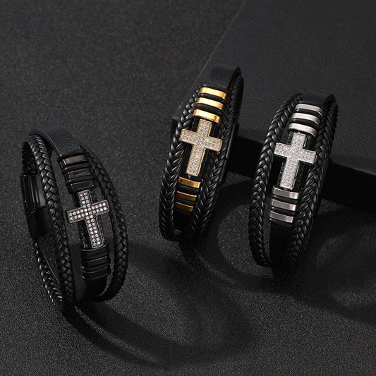 Copper Inlaid Zircon Cross Bracelet PU Leather Rope Hand Woven Alloy Bracelet