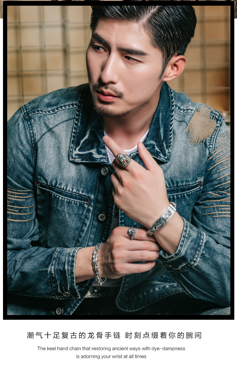 925 Silver European and American double ancient dragon bracelet