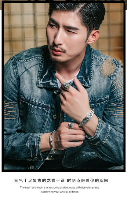 925 Silver European and American double ancient dragon bracelet