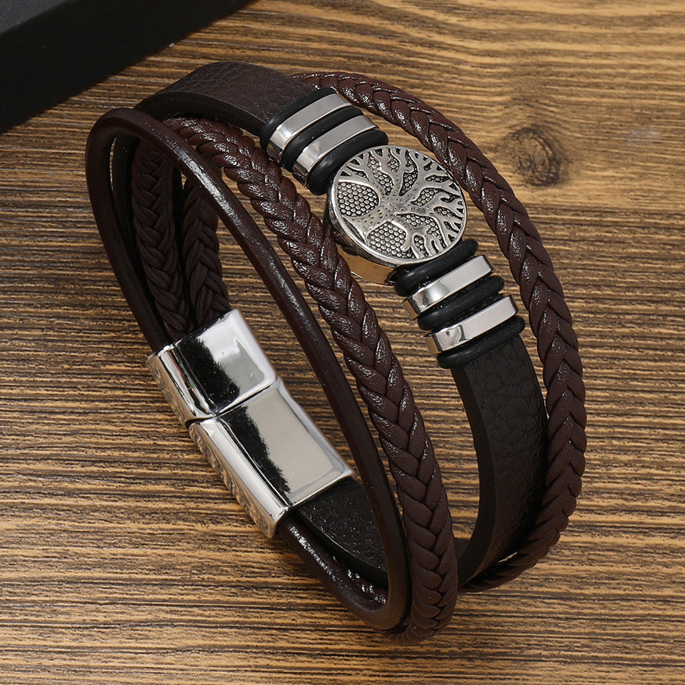 Leather Bracelet Life Tree Alloy Woven Bracelet