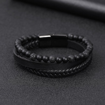 Men's natural stone volcano stone lapis lazuli leather bracelet stainless steel leather woven bracelet multilayer men's titanium steel jewelry