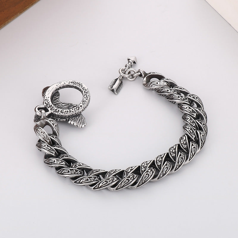 925 Silver Punk Blackened Eagle Pattern Plaid Bracelet