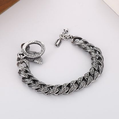 925 Silver Punk Blackened Eagle Pattern Plaid Bracelet