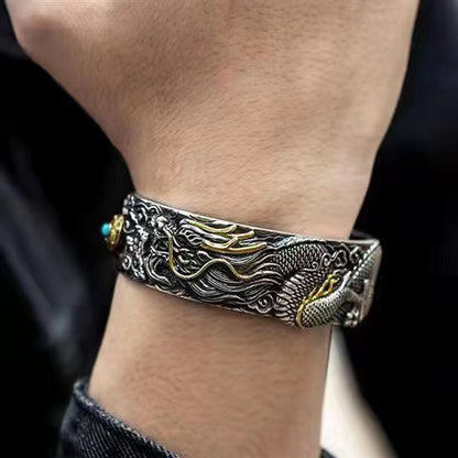 925 Silver Domineering Retro Dragon Opening Adjustable Bracelet