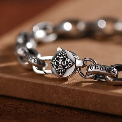925 Silver Six Character Truth Vajra Pestle Link Chain Bracelet