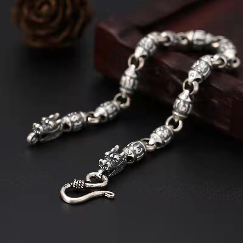 925 Silver Six Character Mantra Dragon Head Bracelet
