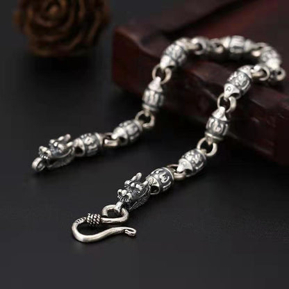 925 Silver Six Character Mantra Dragon Head Bracelet
