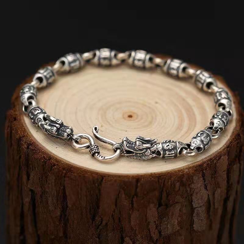 925 Silver Six Character Mantra Dragon Head Bracelet