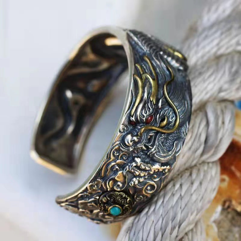 925 Silver Domineering Retro Dragon Opening Adjustable Bracelet