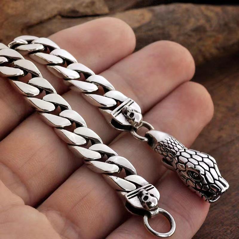 925 Silver Snake Head Buckle Bare Body Men's Bracelet