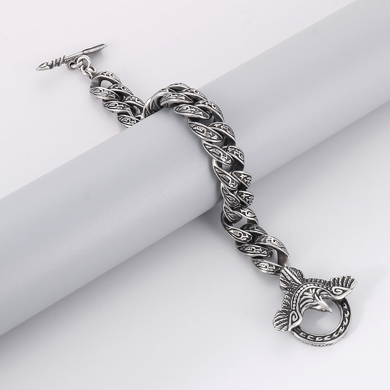 925 Silver Punk Blackened Eagle Pattern Plaid Bracelet