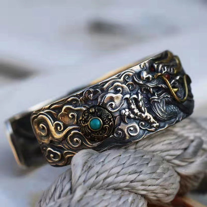 925 Silver Domineering Retro Dragon Opening Adjustable Bracelet