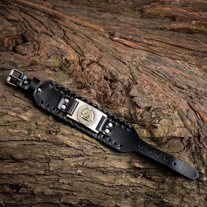 Genuine Leather Buckle Arm Cuff Valknut Rune Metal Bracelet